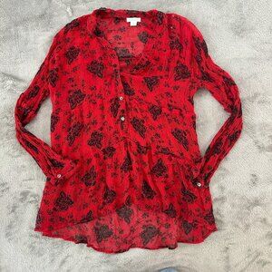 Sundance Elodie Red Black Floral Long Sleeve Tiered Blouse Women's SMALL *read*